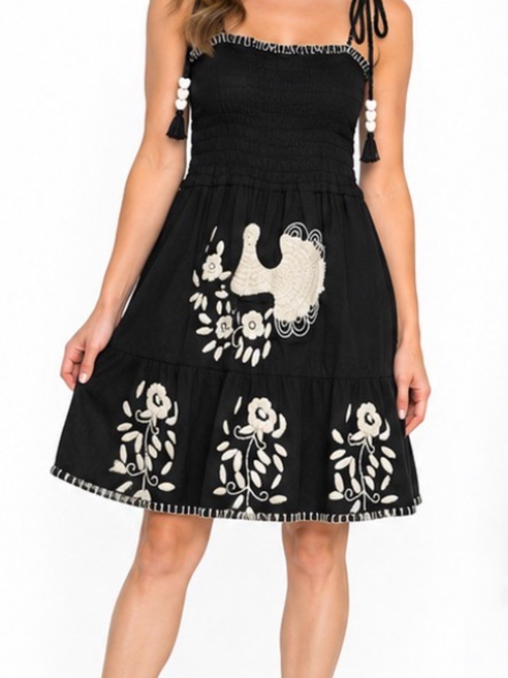 Vava by Joy Han Black Mini Dress with Ivory Embroidered Motifs